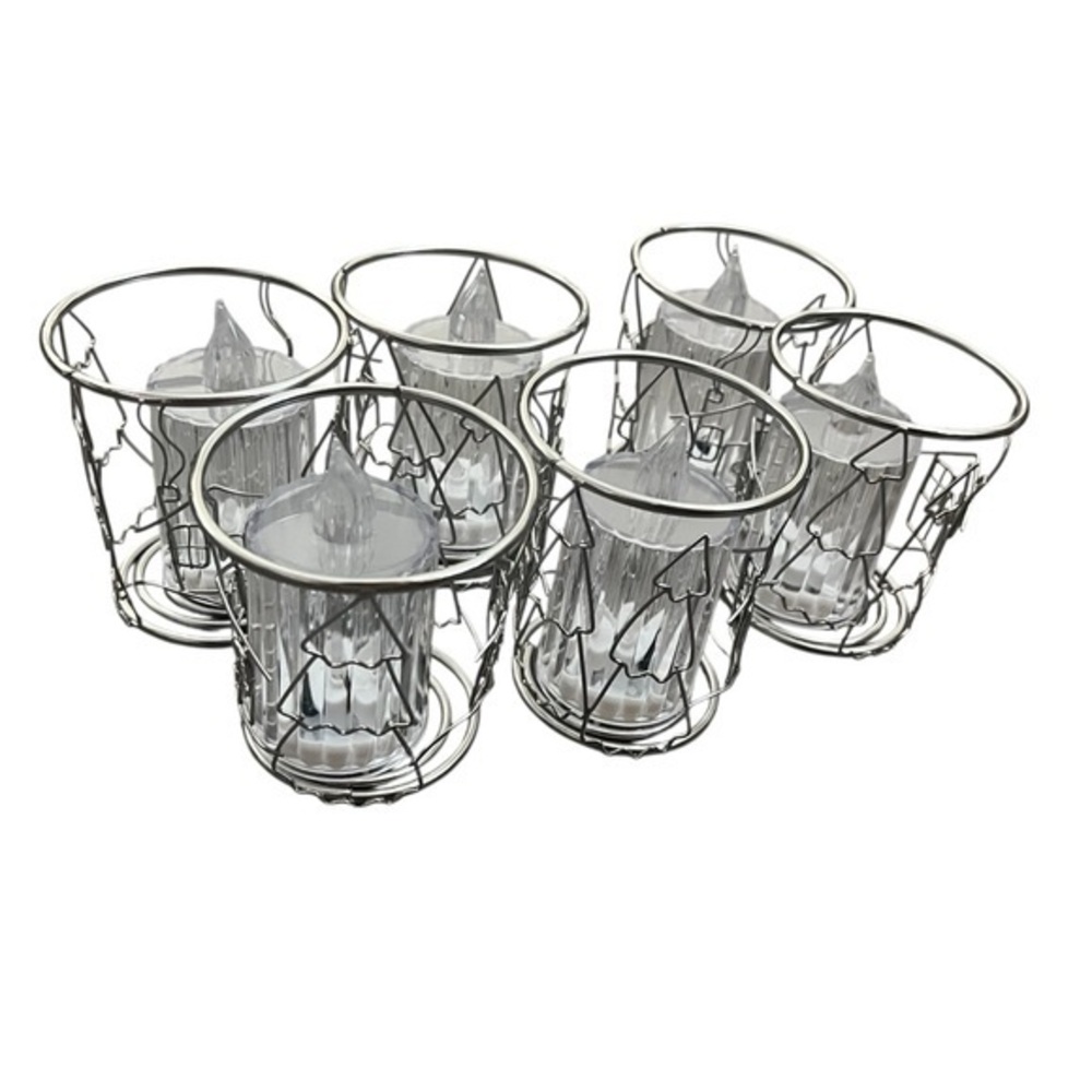 Christian Silver Wire Tree and Cabin Candle Holders Set of (6) w/Faux Candles 6